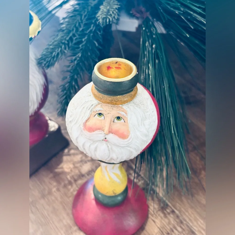 Santa Claus Wooden Folk Art Candle Holders. Vintage | 7” | Unique | Primitive